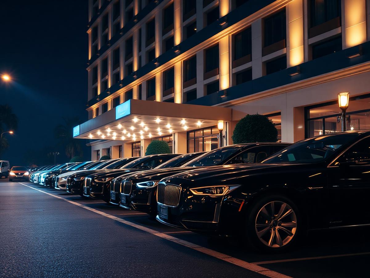 Luxury cars lined up in front of a hotel at night